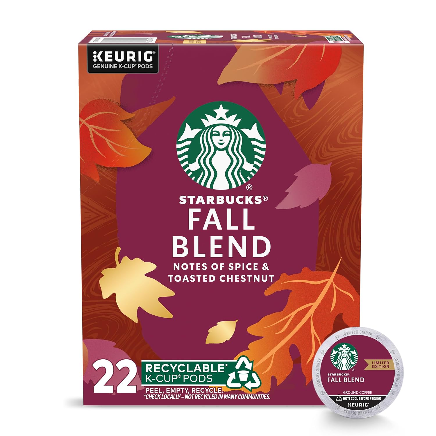 Starbucks K-Cup Coffee Pods, Fall Blend Medium Roast Coffee for Keurig Makers, 100% Arabica, Limited Edition, 1 Box (22 Pods)
