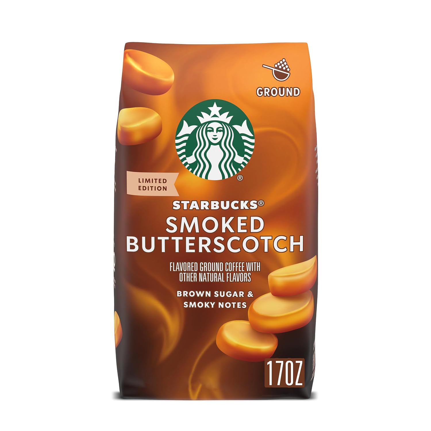 Starbucks Ground Coffee, Smoked Butterscotch Naturally Flavored Coffee, 100% Arabica, Limited Edition, 1 Bag (17 Oz)