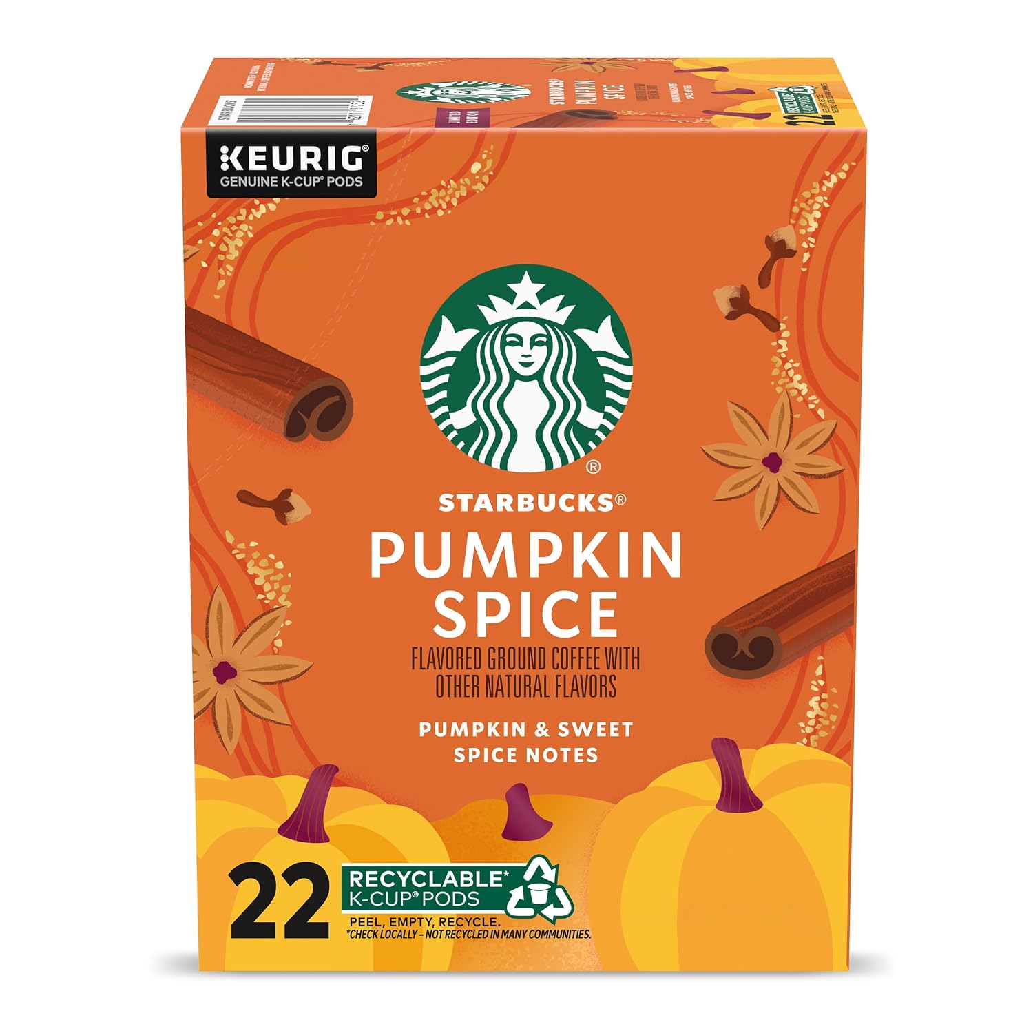 Starbucks K-Cup Coffee Pods, Pumpkin Spice Flavored for Keurig Coffee Makers, 100% Arabica, Limited Edition, 1 Box (22 Pods)