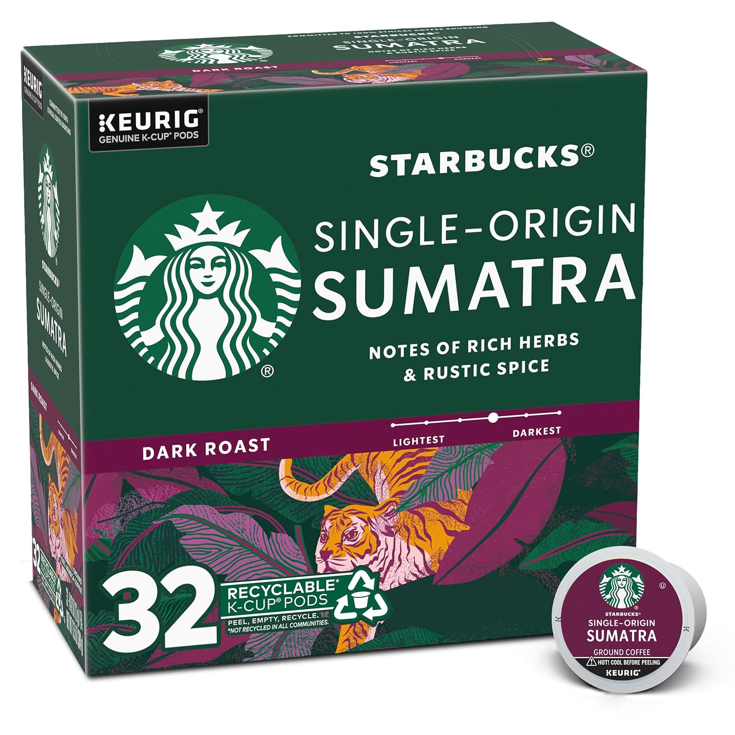 Starbucks K-Cup Coffee Pods, Dark Roast Coffee, Sumatra, 100% Arabica, 1 box (32 pods)
