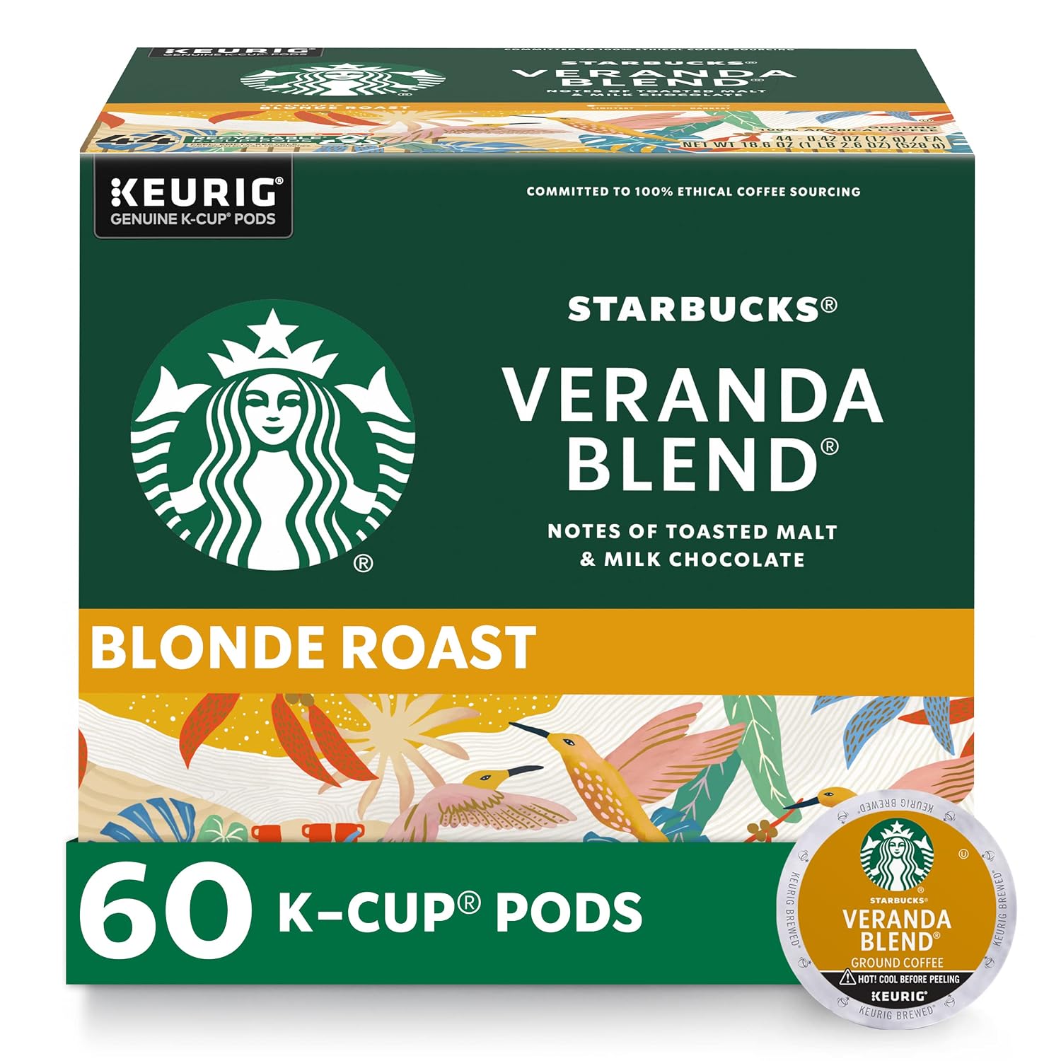 Starbucks K-Cup Coffee Pods, Starbucks Blonde Roast Hot or Iced Coffee, Veranda Blend, 60 Keurig Pods