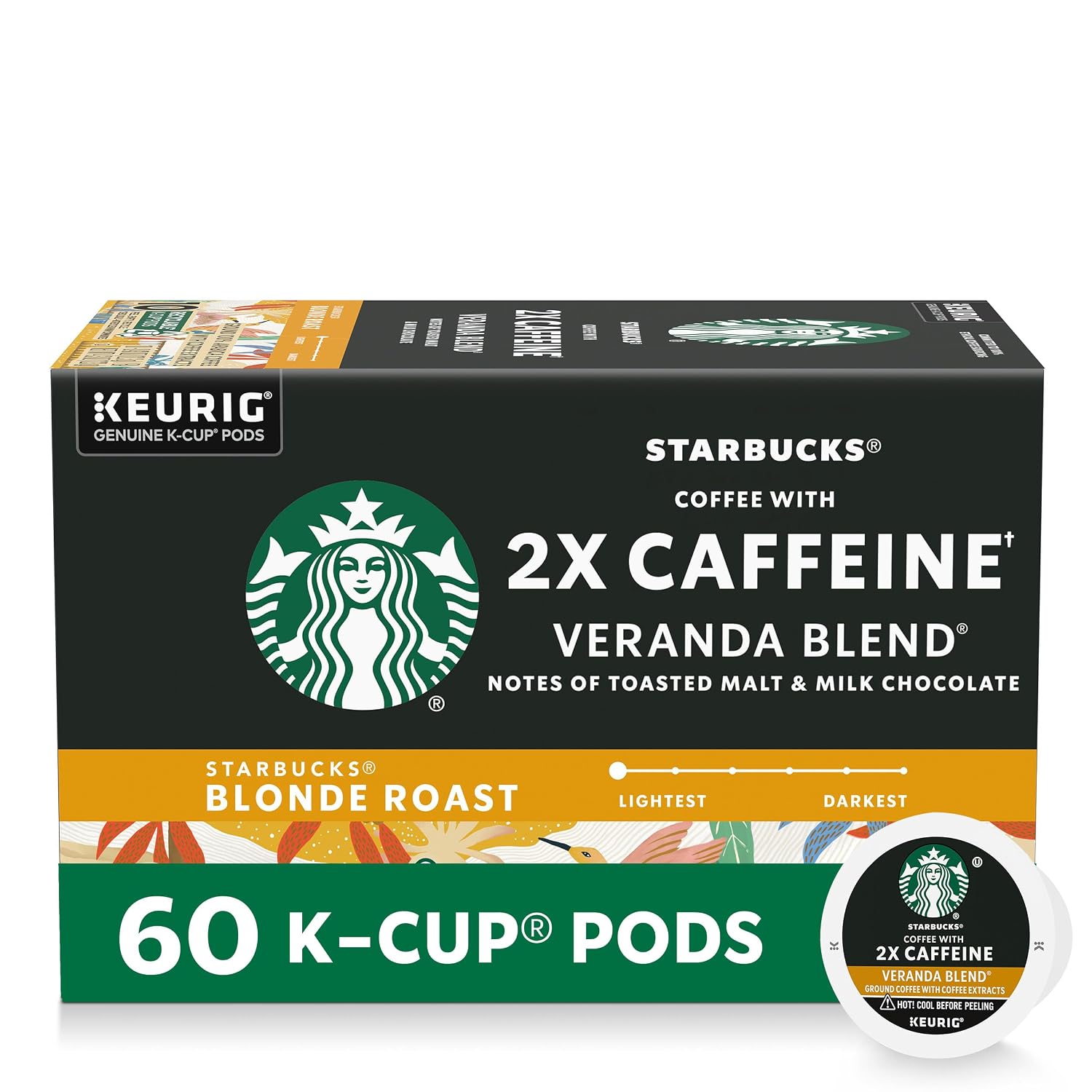 Starbucks K-Cup Coffee Pods, Starbucks Blonde Roast With 2X Caffeine, Hot or Iced Coffee, Veranda Blend, 60 Keurig Pods
