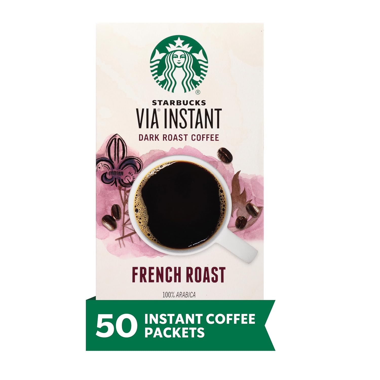 Starbucks VIA Instant Coffee, Dark Roast Coffee, French Roast, 100% Arabica, 1 box (50 packets)
