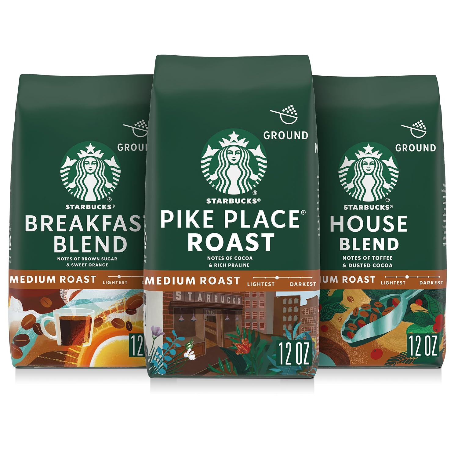 Starbucks Ground Coffee Medium Roast Variety Pack, 3 Bags 12 oz