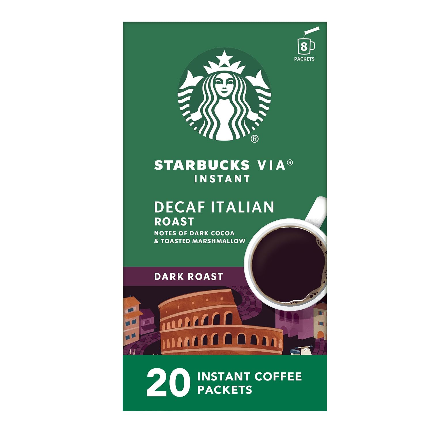 Starbucks VIA Instant Coffee, Dark Roast Coffee, Decaf Italian Roast, Arabica Beans, Single-Serve, 1 Box (20 Packets)