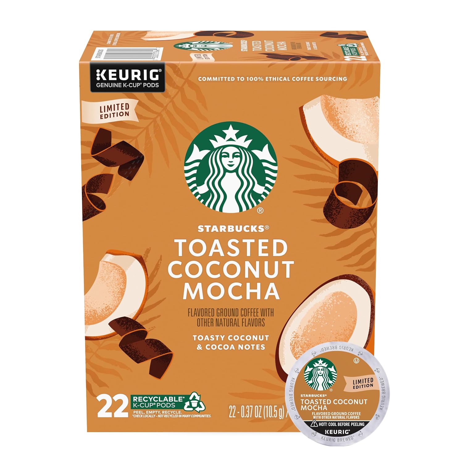 Starbucks K-Cup Coffee Pods, Toasted Coconut Mocha Flavored for Keurig Coffee Makers, 100% Arabica, Limited Edition, 1 Box (22 Pods)