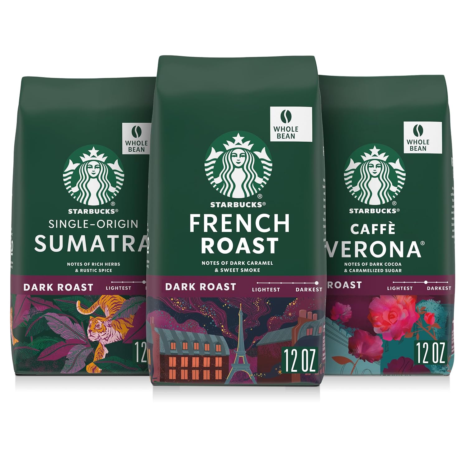 Starbucks Whole Coffee Beans, Dark Roast Hot or Iced Coffee, Variety Pack, Three 12 oz Bags​