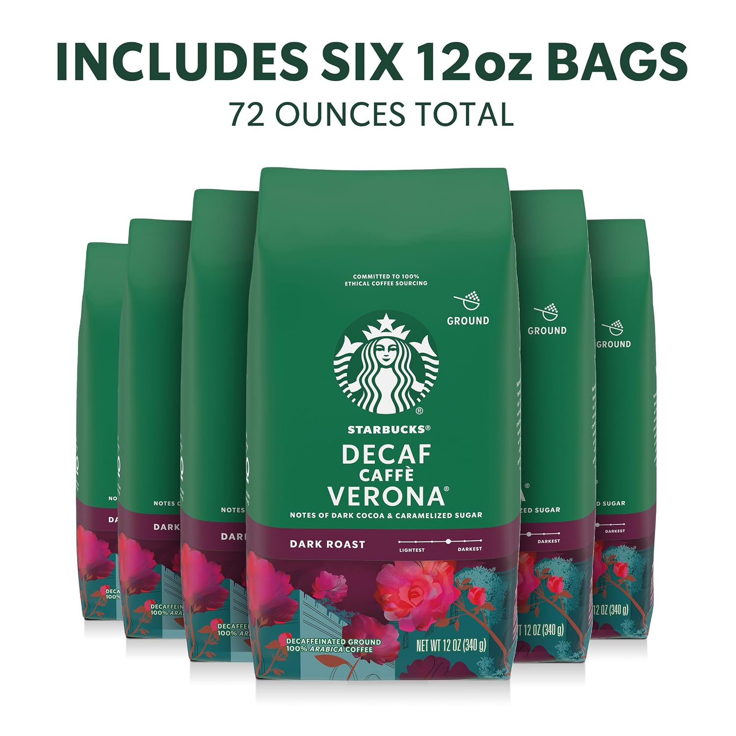 Starbucks Ground Coffee, Dark Roast, Decaf Caffè Verona, 6 12-Oz Bags