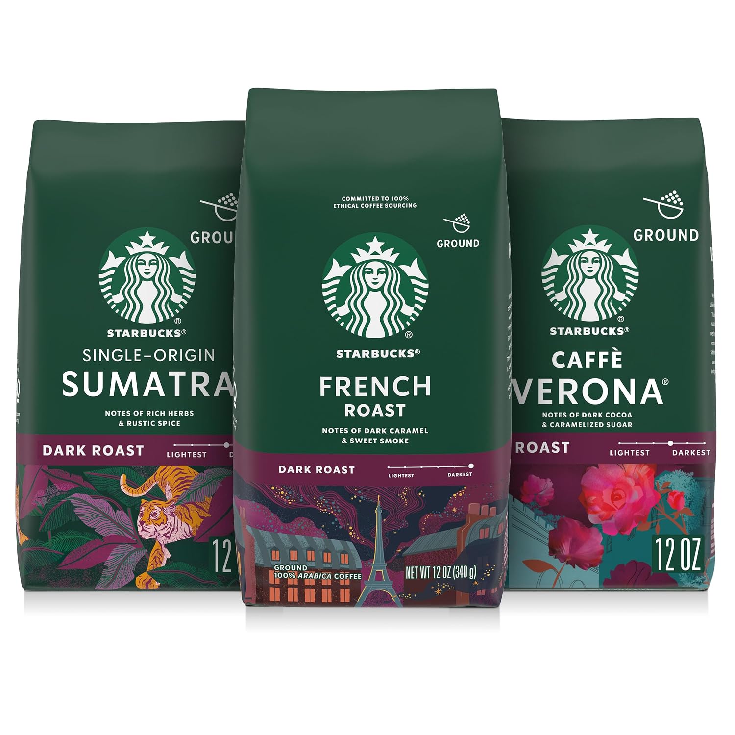 Starbucks Ground Coffee, Dark Roast Hot or Iced Coffee, Variety Pack, Three 12 oz Bags​