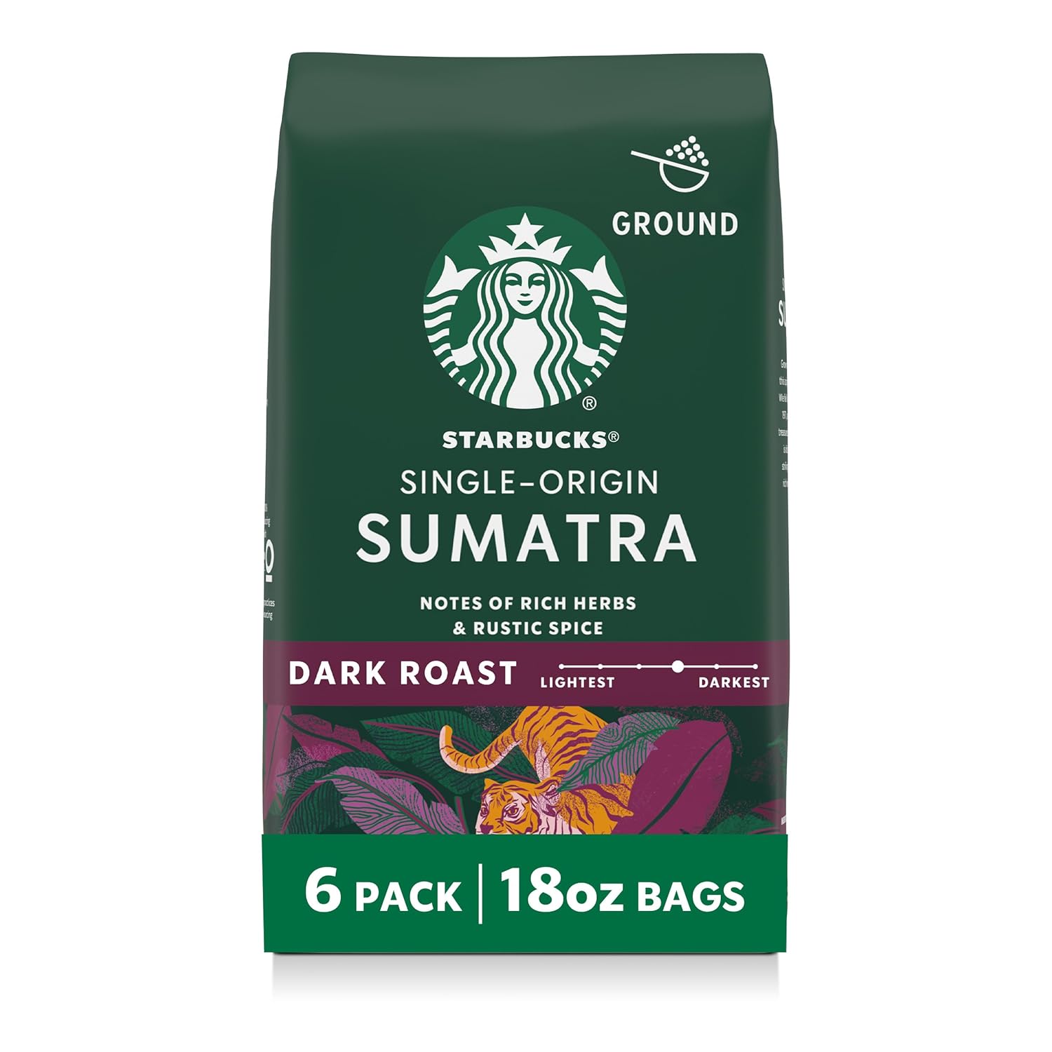 Starbucks Ground Coffee, Dark Roast Hot or Iced Coffee, Single-Origin Sumatra, Six 18 oz Bags​