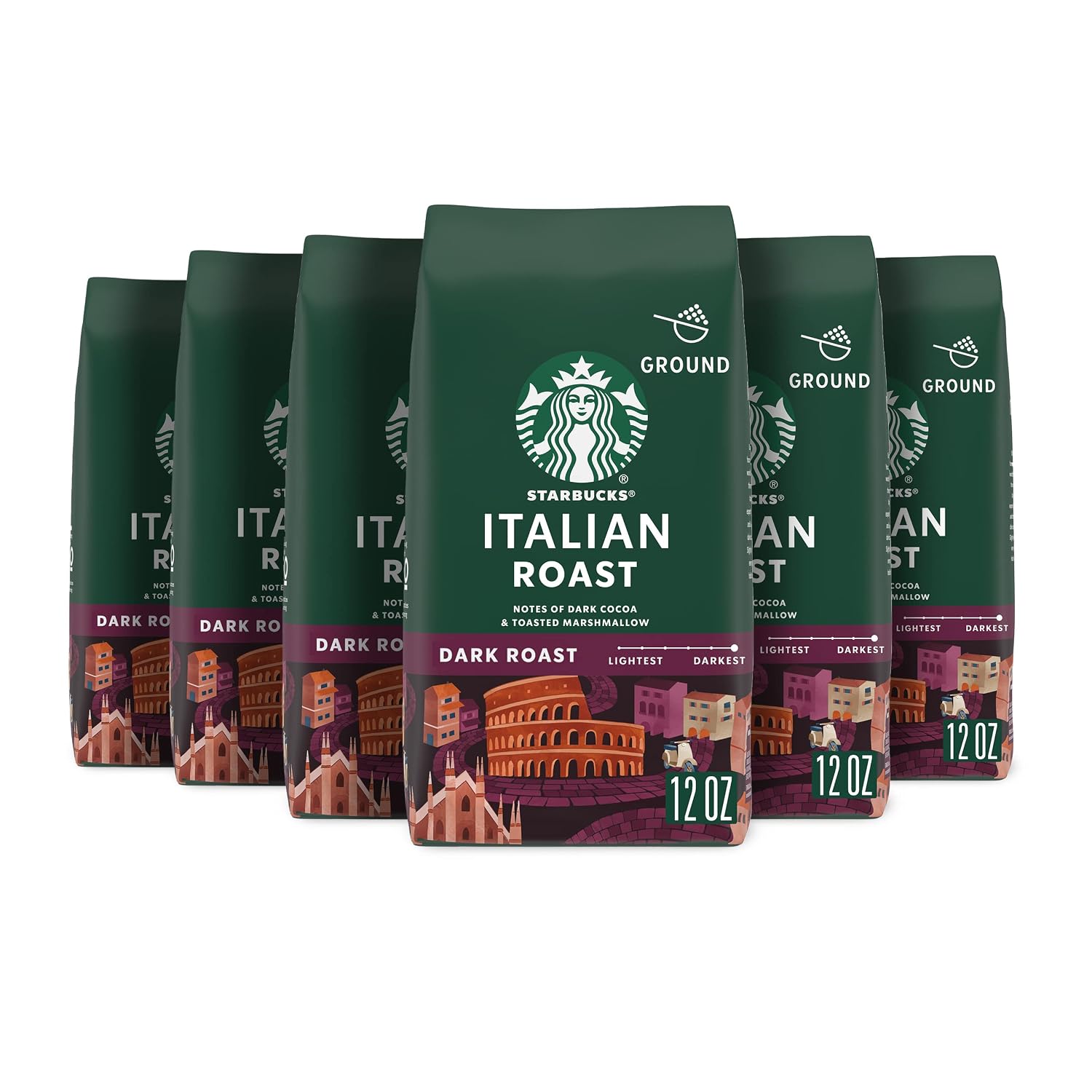 Starbucks Ground Coffee, Dark Roast Hot or Iced Coffee, Italian Roast, Six 12 oz Bags​