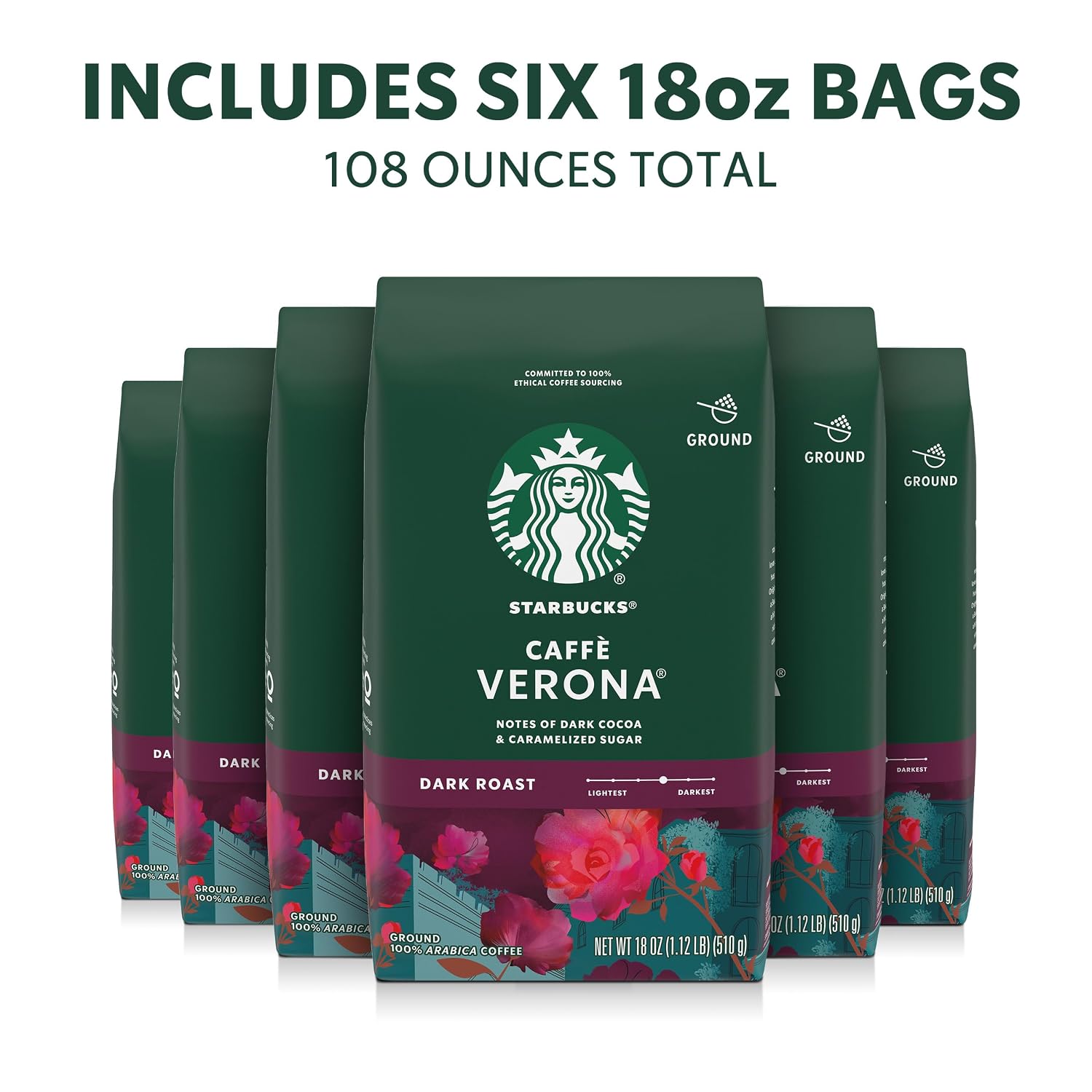 Starbucks Ground Coffee Caffè Verona Dark Roast, 6 Bags 18 oz