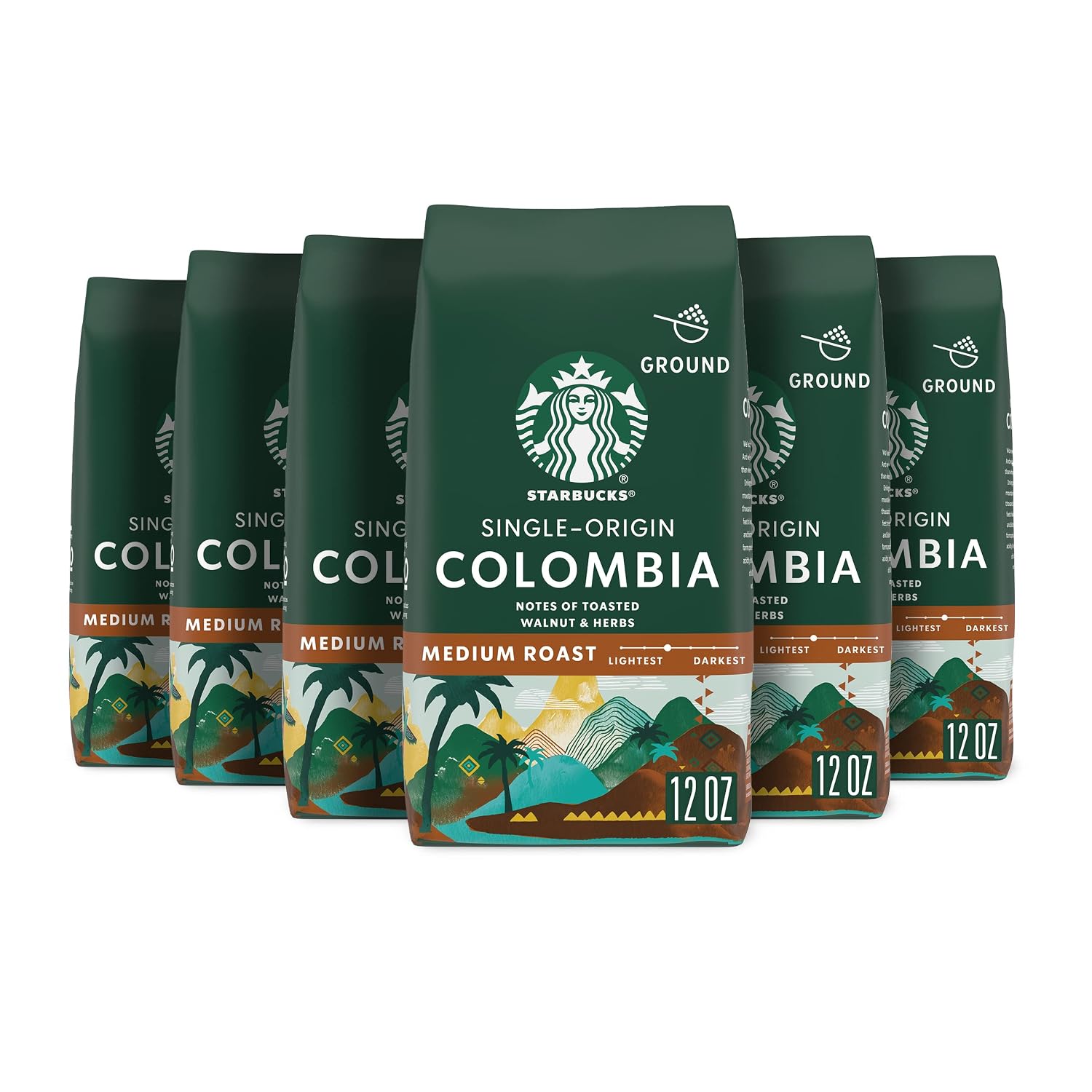 Starbucks Ground Coffee Single-Origin Colombia Medium Roast, 6 Bags 12 oz