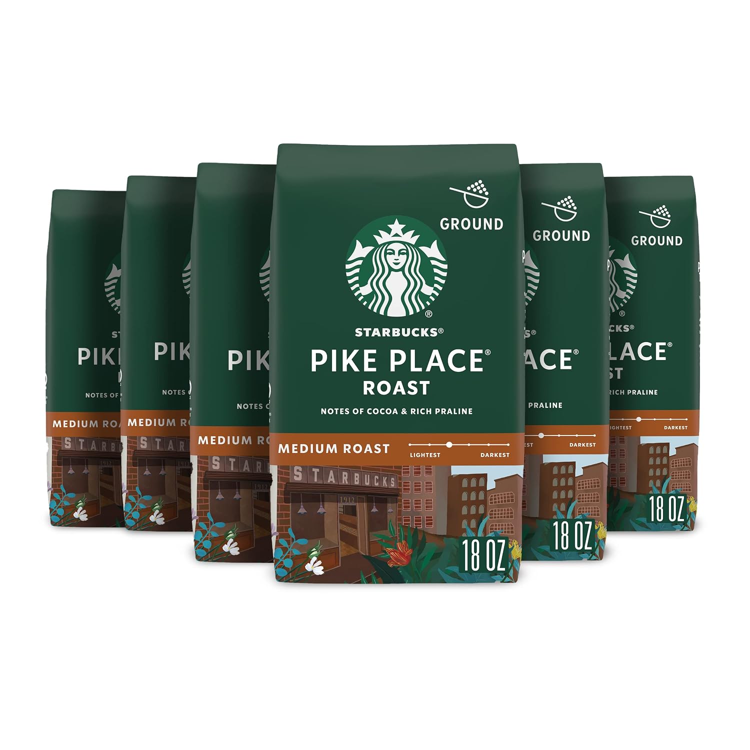 Starbucks Ground Coffee, Medium Roast Hot or Iced Coffee, Pike Place Roast, Six 18 oz Bags​