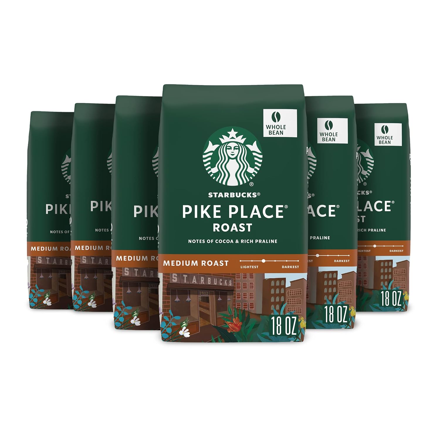Starbucks Pike Place Roast Whole Bean Coffee, 6 Bags 18 oz