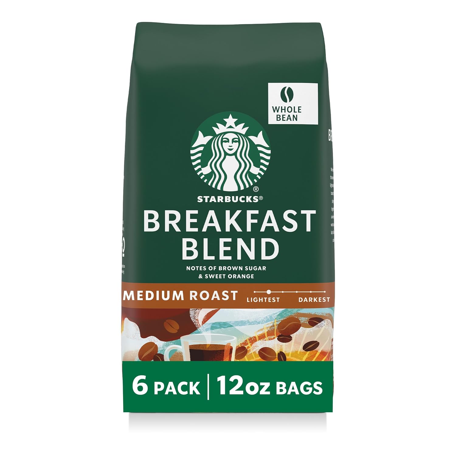 Starbucks Whole Bean Coffee Breakfast Blend Medium Roast, 6 Bags 12 oz