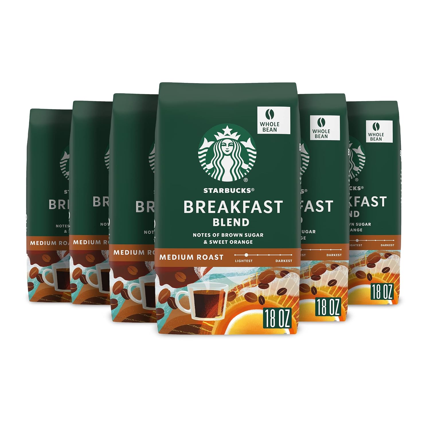 Starbucks Whole Bean Coffee, Medium Roast Coffee, Breakfast Blend, 100% Arabica, 6 bags (18 oz)