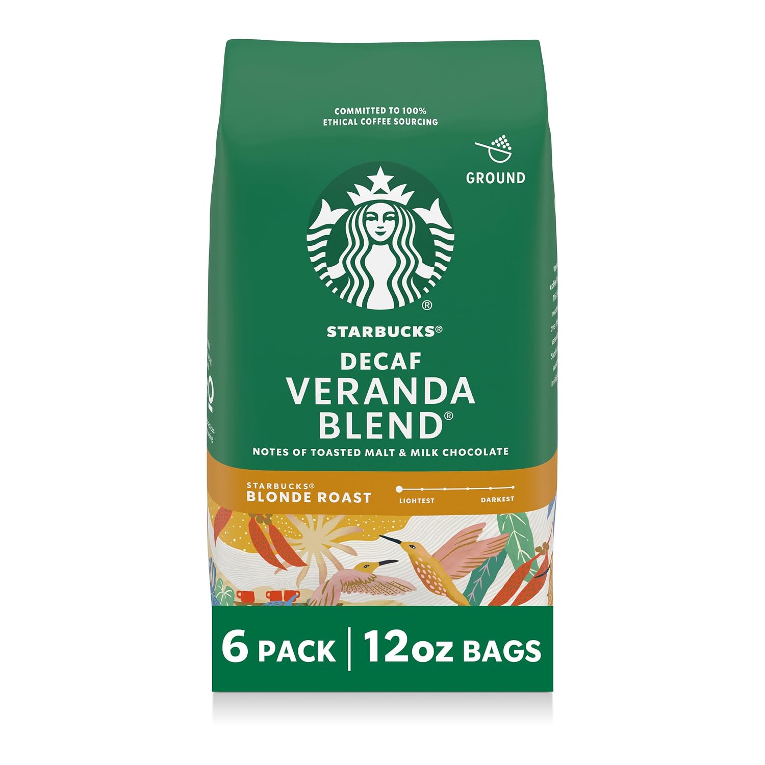 Starbucks Ground Coffee Decaf Veranda Blend Blonde Roast, 6 Bags 12 oz