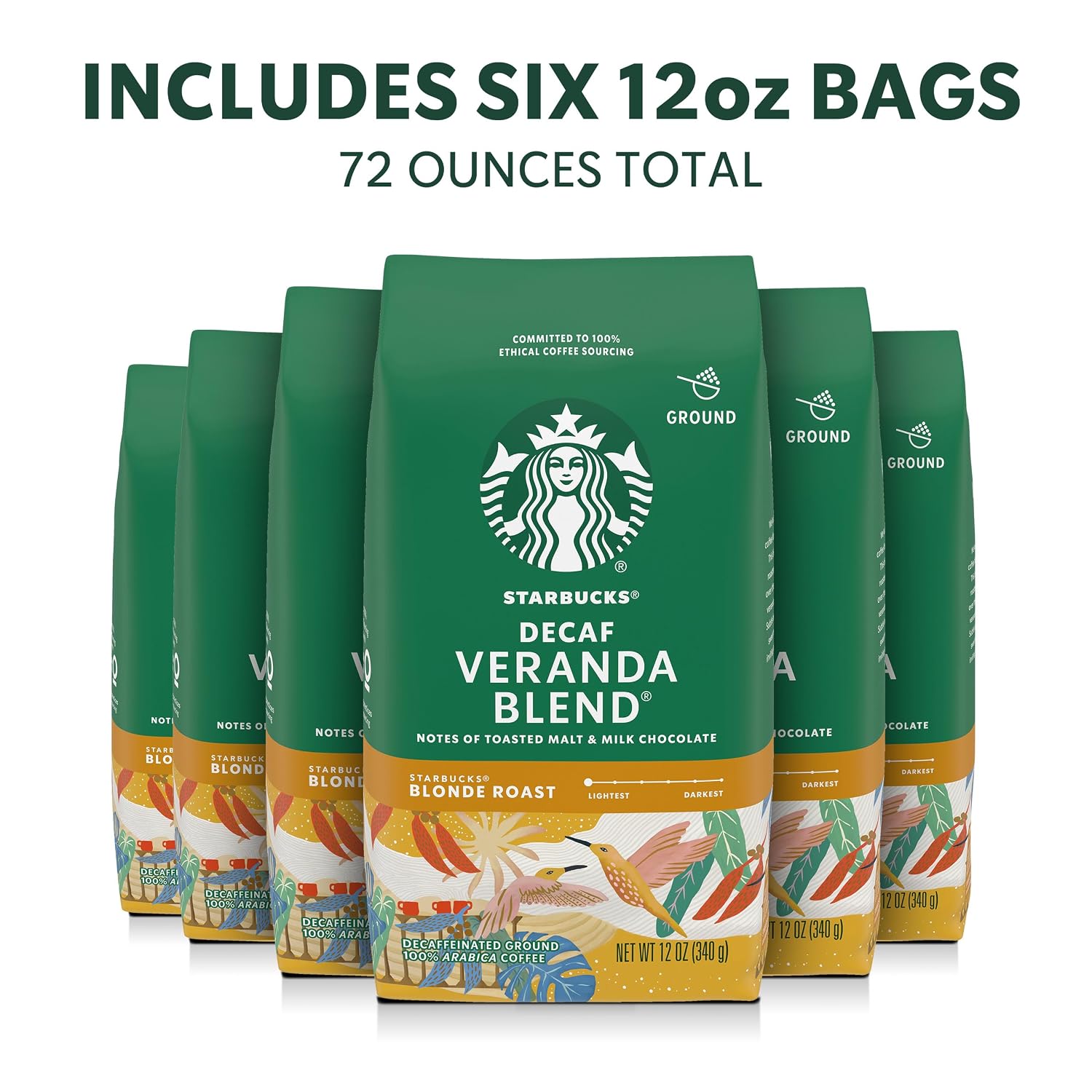 Starbucks Ground Coffee Decaf Veranda Blend Blonde Roast, 6 Bags 12 oz