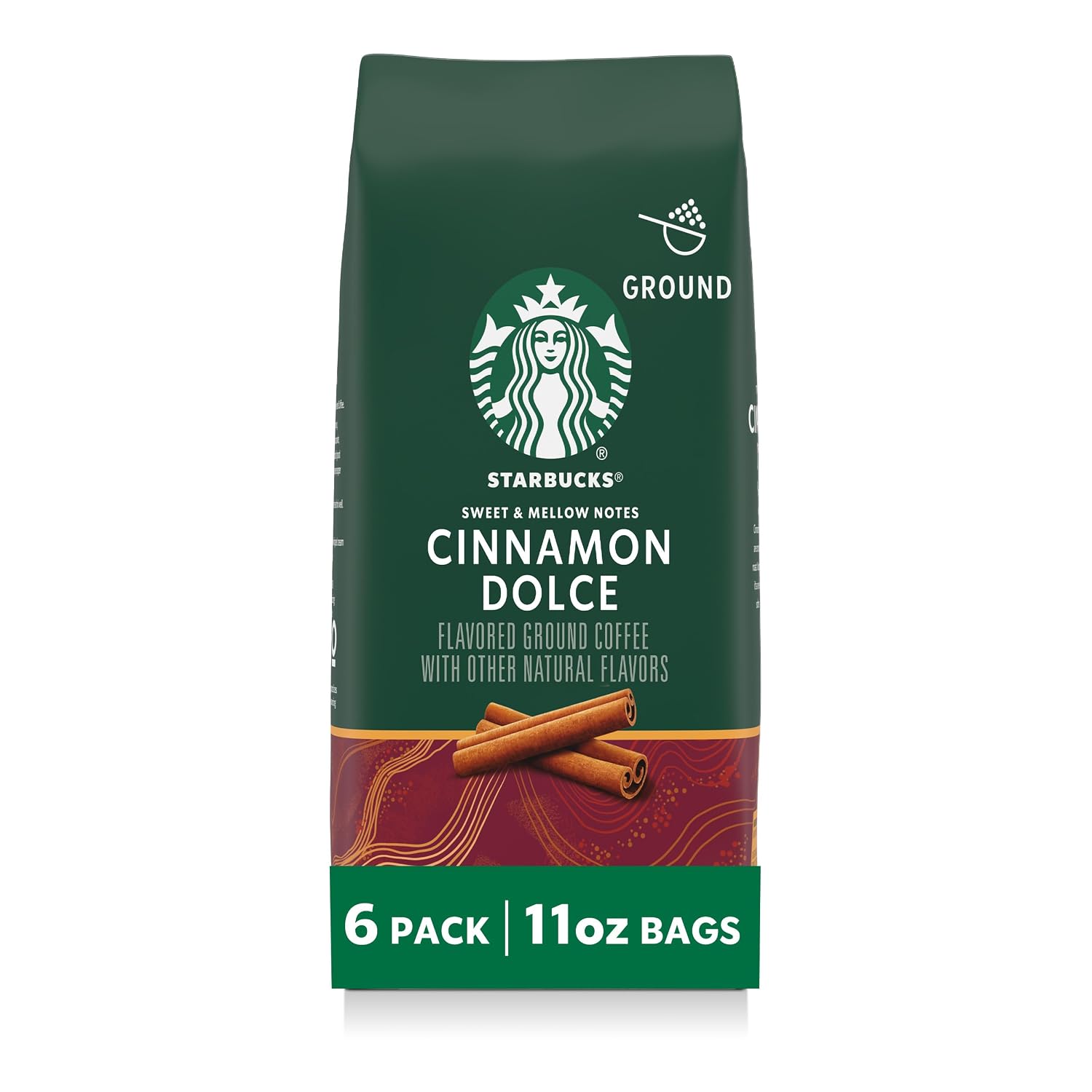 Starbucks Ground Coffee, Flavored Hot or Iced Coffee, Cinnamon Dolce, Six 11 oz Bags​