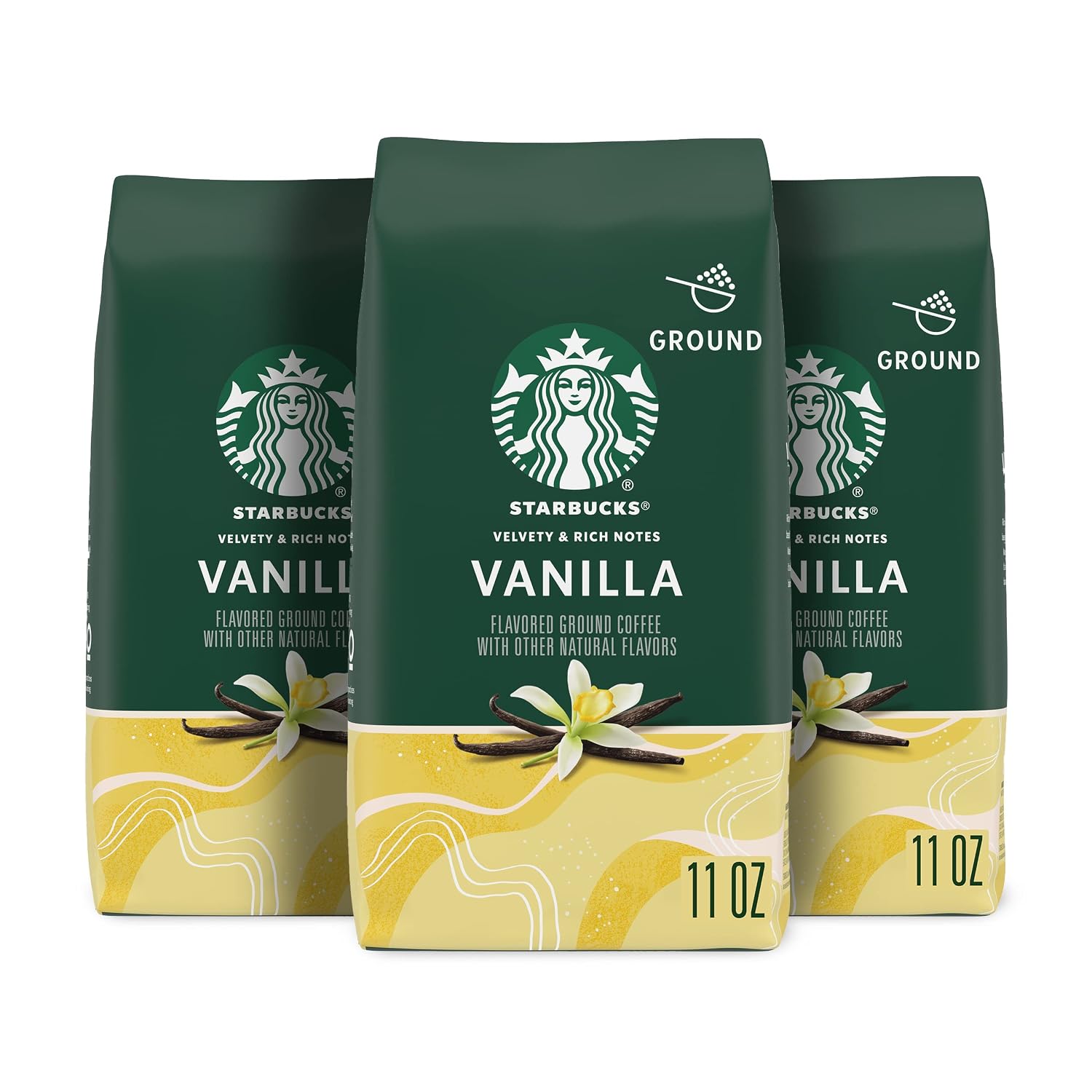 Starbucks Ground Coffee, Vanilla Flavored Coffee, Naturally Flavored, 100% Arabica, 3 bags (11 oz each)