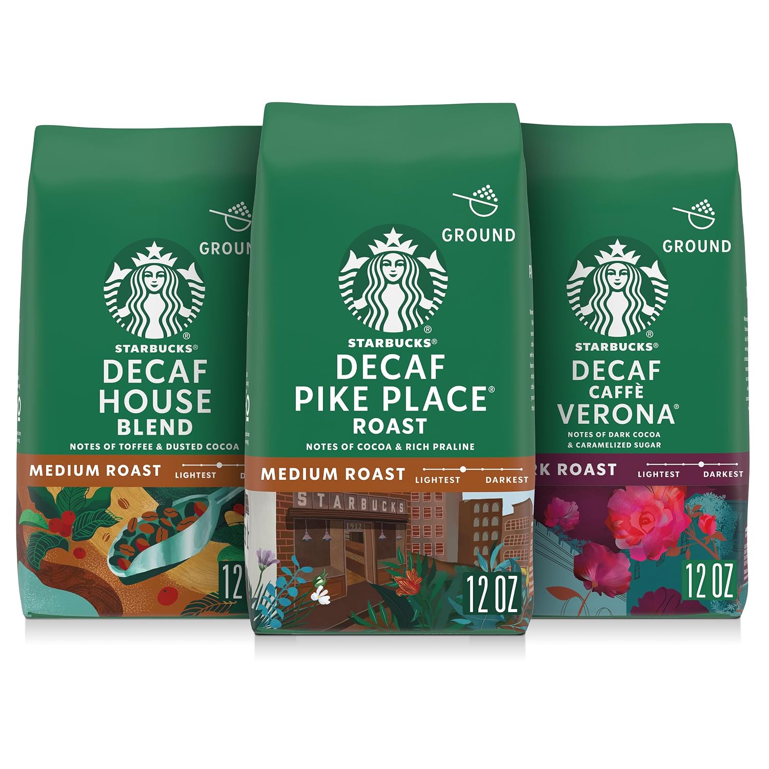 Starbucks Ground Coffee, Medium & Dark Roast Hot or Iced Coffee, Decaf Variety Pack, Three 12 oz Bags​