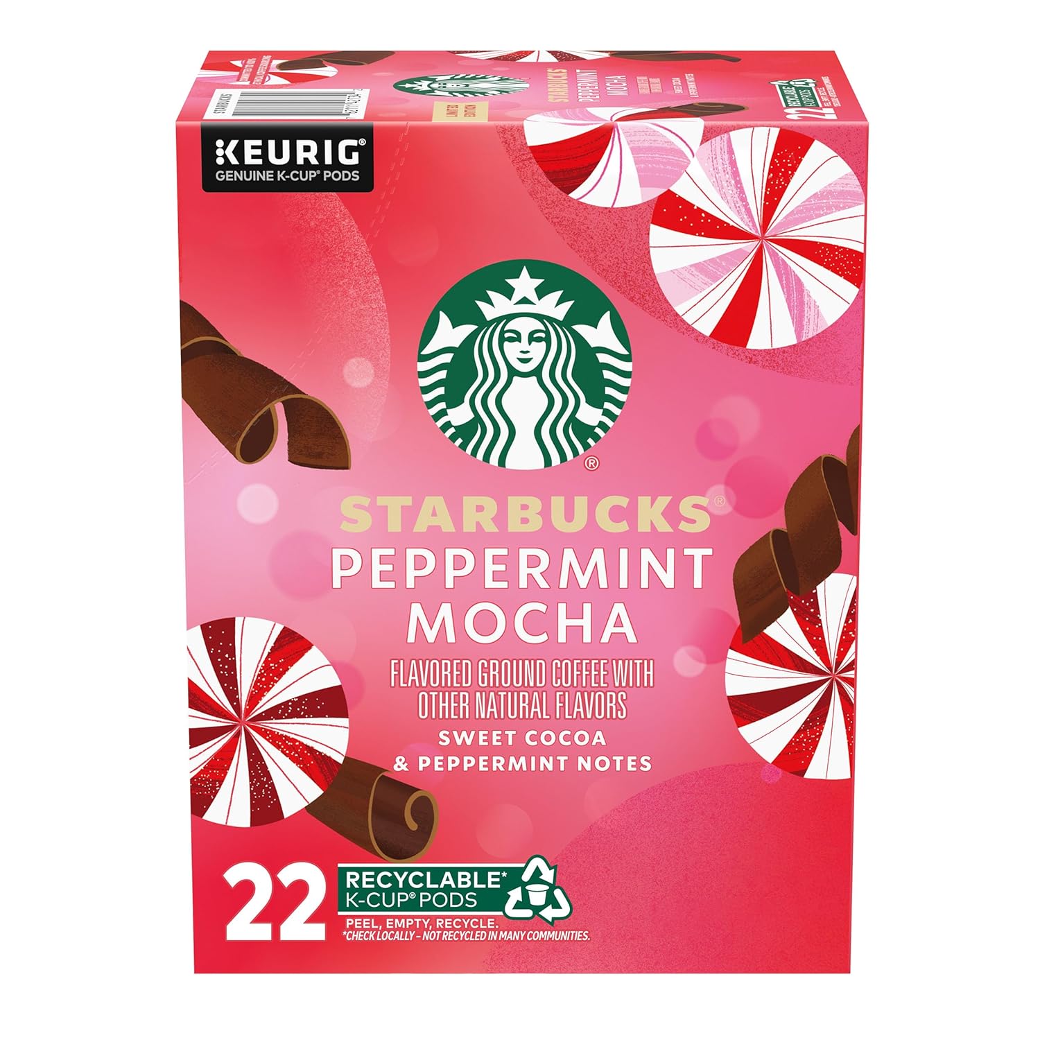 Starbucks K-Cup Coffee Pods, Peppermint Mocha Flavored Coffee for Keurig Brewers, 100% Arabica, 1 Box (22 Pods)