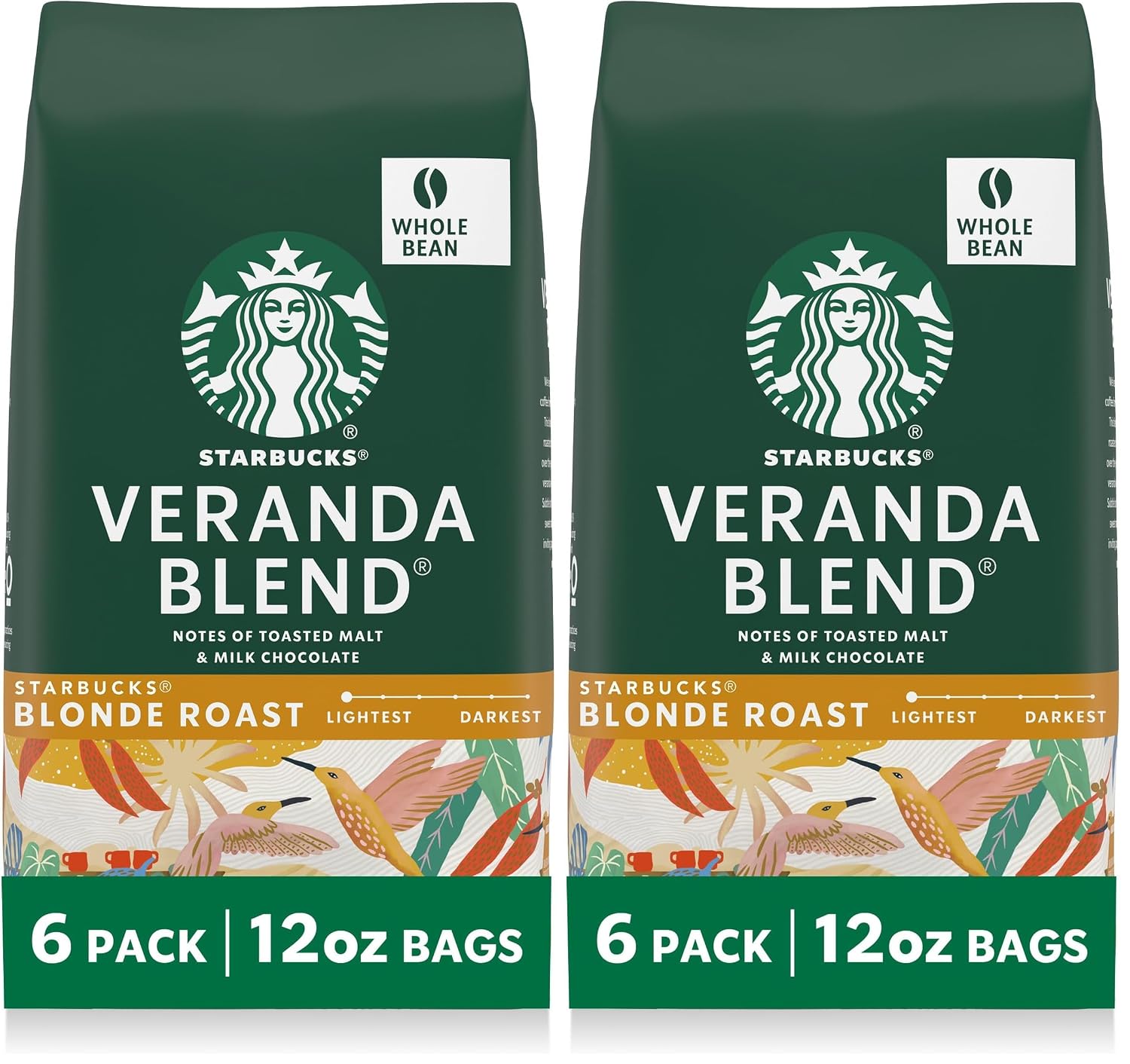 Starbucks Whole Coffee Beans, Starbucks Blonde Roast Hot or Iced Coffee, Veranda Blend, Six 12 oz Bags​ (Pack of 2)